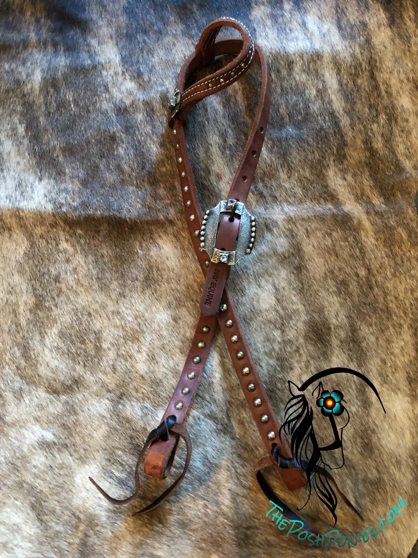 Handmade Medium Oil Simple Headstall with Handmade Hardware Nickel with Clear Stone Silver Spots