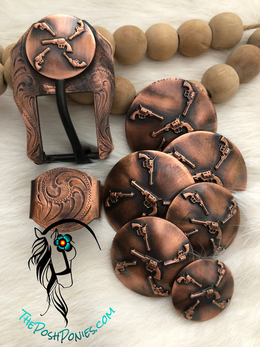 Handmade Copper Pistol Collection-Chicago Back Conchos1", 1.25" & 1.5", 3/4" Buckle/Keeper-each sold seperate