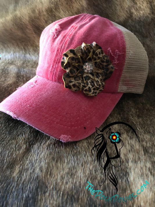 Red Distressed Pony Tail Baseball Cap with Handmade Cheetah Leather Flower