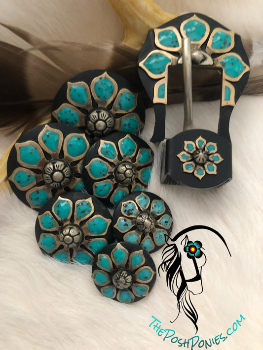 Handmade Turquoise Sunflower Collection-Chicago back conchos-Buckle/Keeper-each piece sold individually