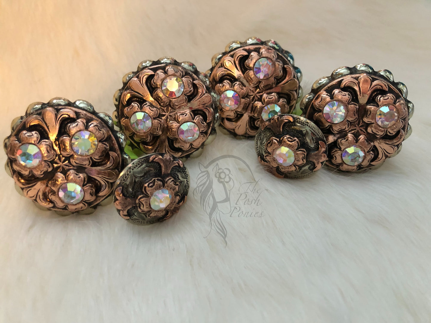 Handmade Copper Filagree with AB crystals saddle concho set