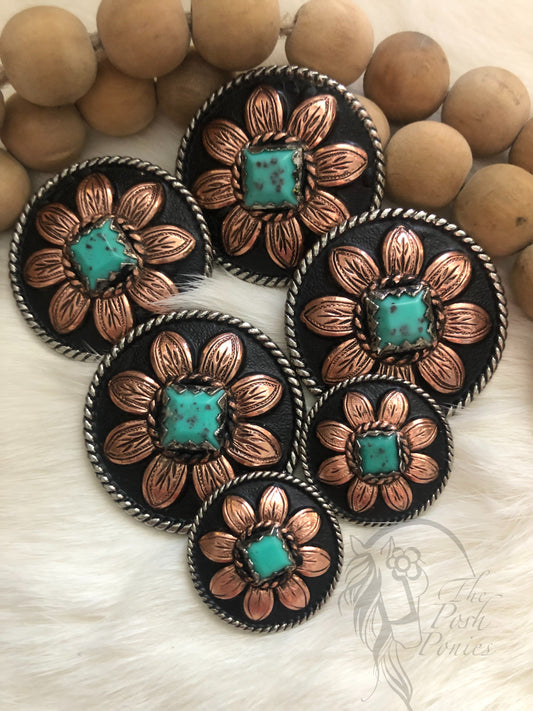 Handmade Copper Daisy Turquoise Center Chicago Back Concho