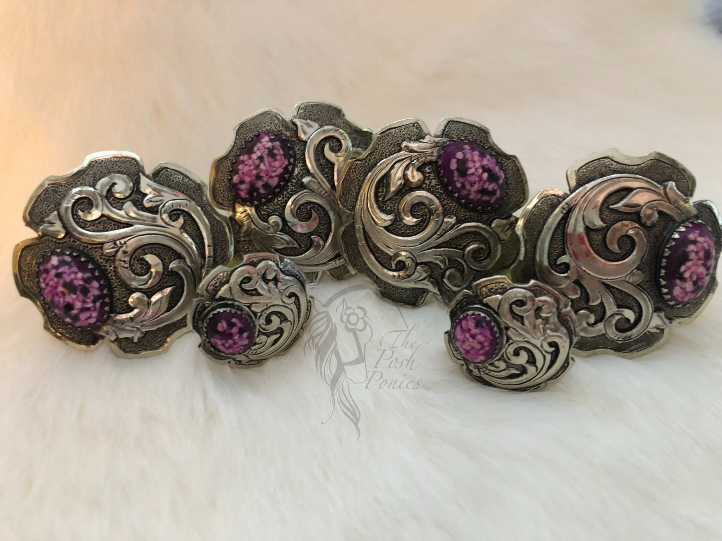 Handmade Filagree Purple stone saddle concho set
