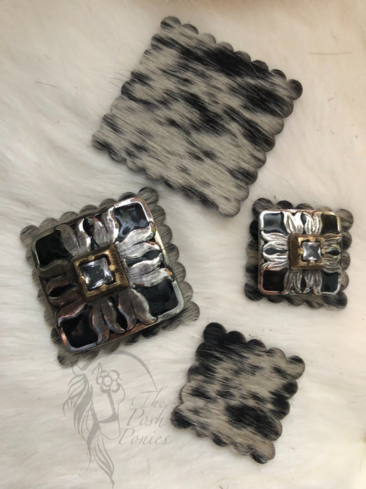 Leather/Hair Black & White Hide square rosettes for square saddle conchos