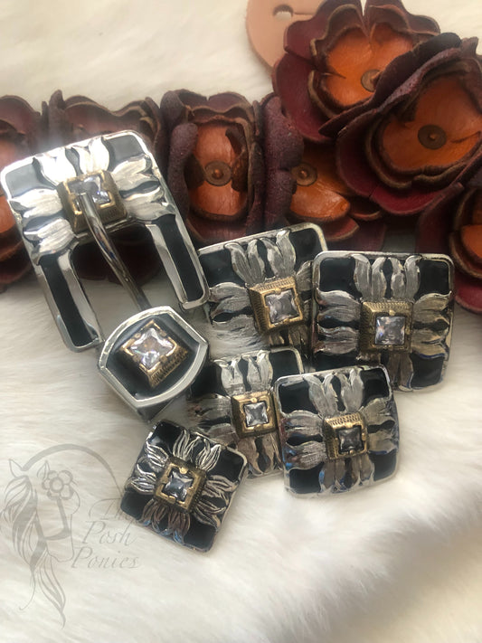 Handmade Black/Silver Square Collection Concho 3 sizes available and Buckle/Keeper set available-each piece sold individually