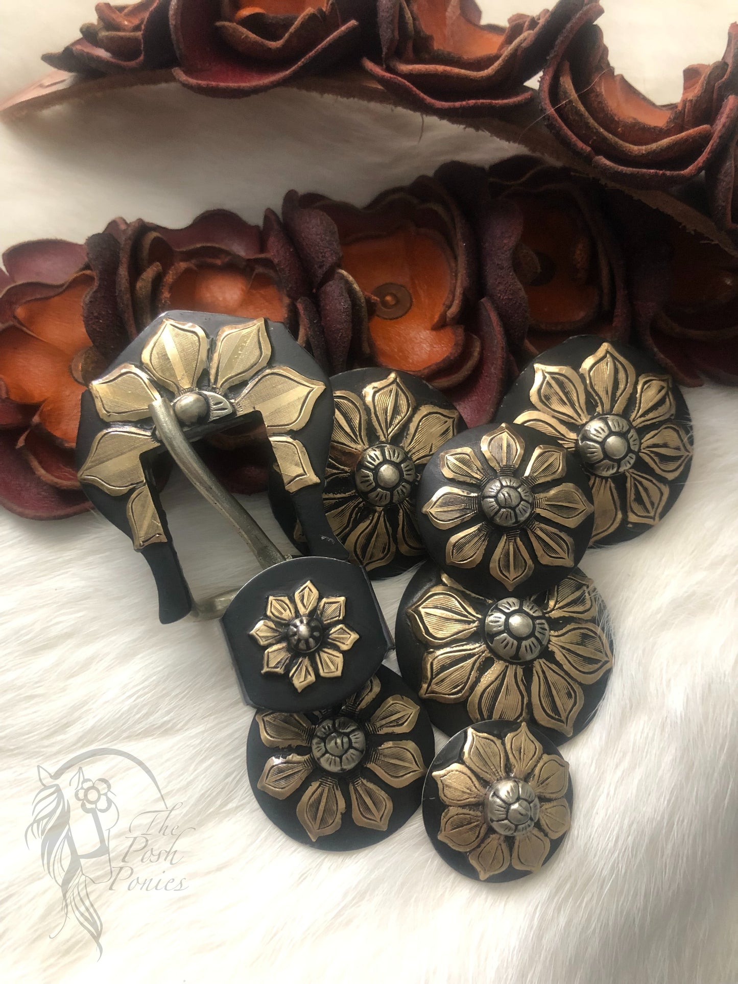 Handmade Brass Sunflower Collection-Chicago Back Conchos and 3/4" Tack Buckles-each sold separately-picture shows collection