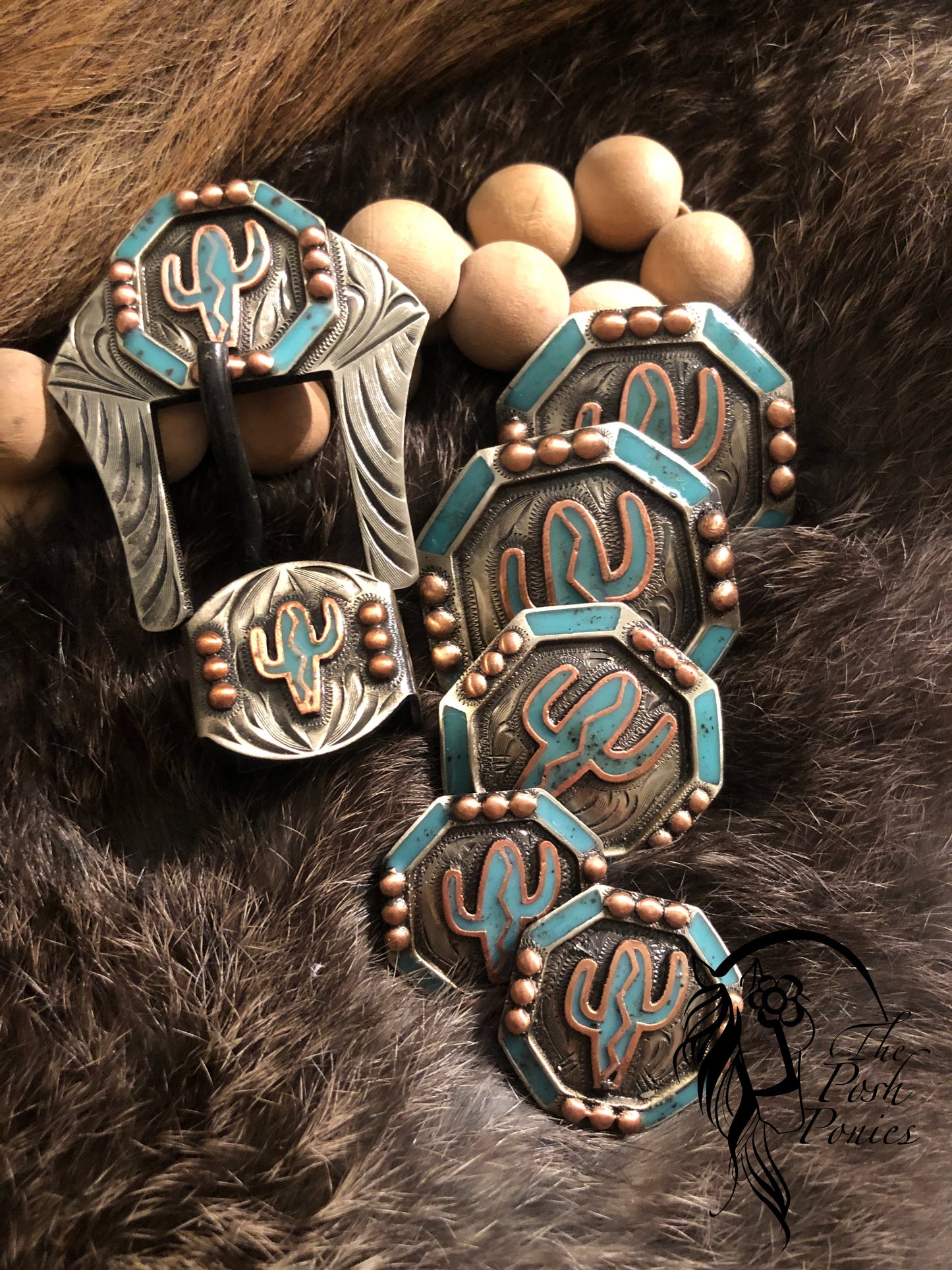 Handmade Turquoise Cactus Collection Chicago Back Concho and Matching Buckle/Keeper Set-each piece sold individually