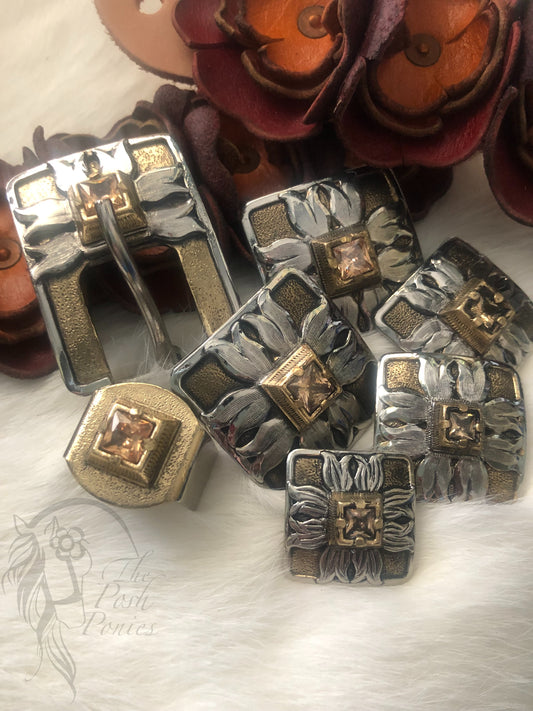 Handmade Square Champagne/silver center stone Collection concho and buckle/keeper-each piece sold individually