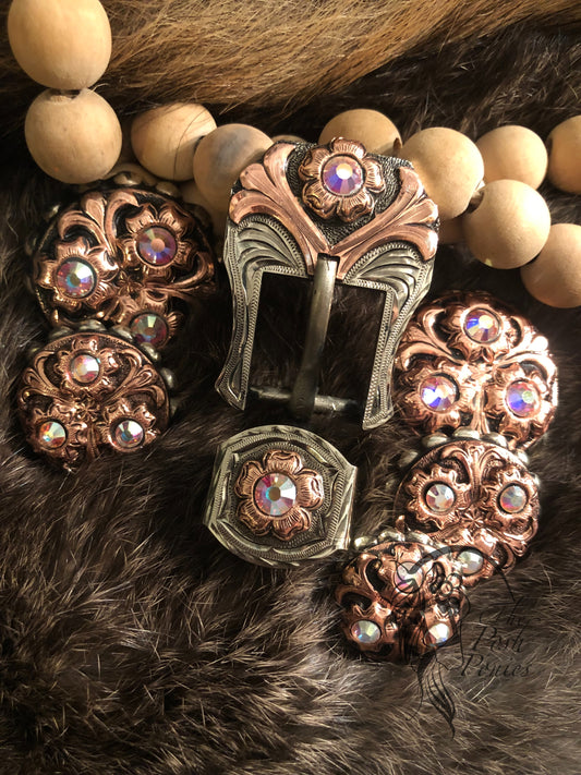 Handmade Copper with Nickel and AB Crystals Collection Chicago Back Concho and Buckle/Keeper-each piece sold separately