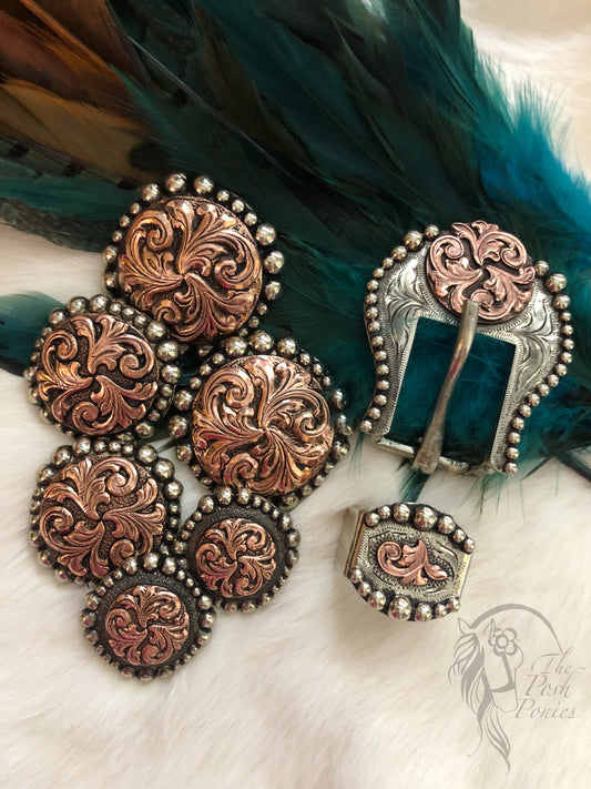 Handmade Copper Filagree Scroll Chicago Back Collection Concho and Tack Buckle/Keeper-pieces sold individually