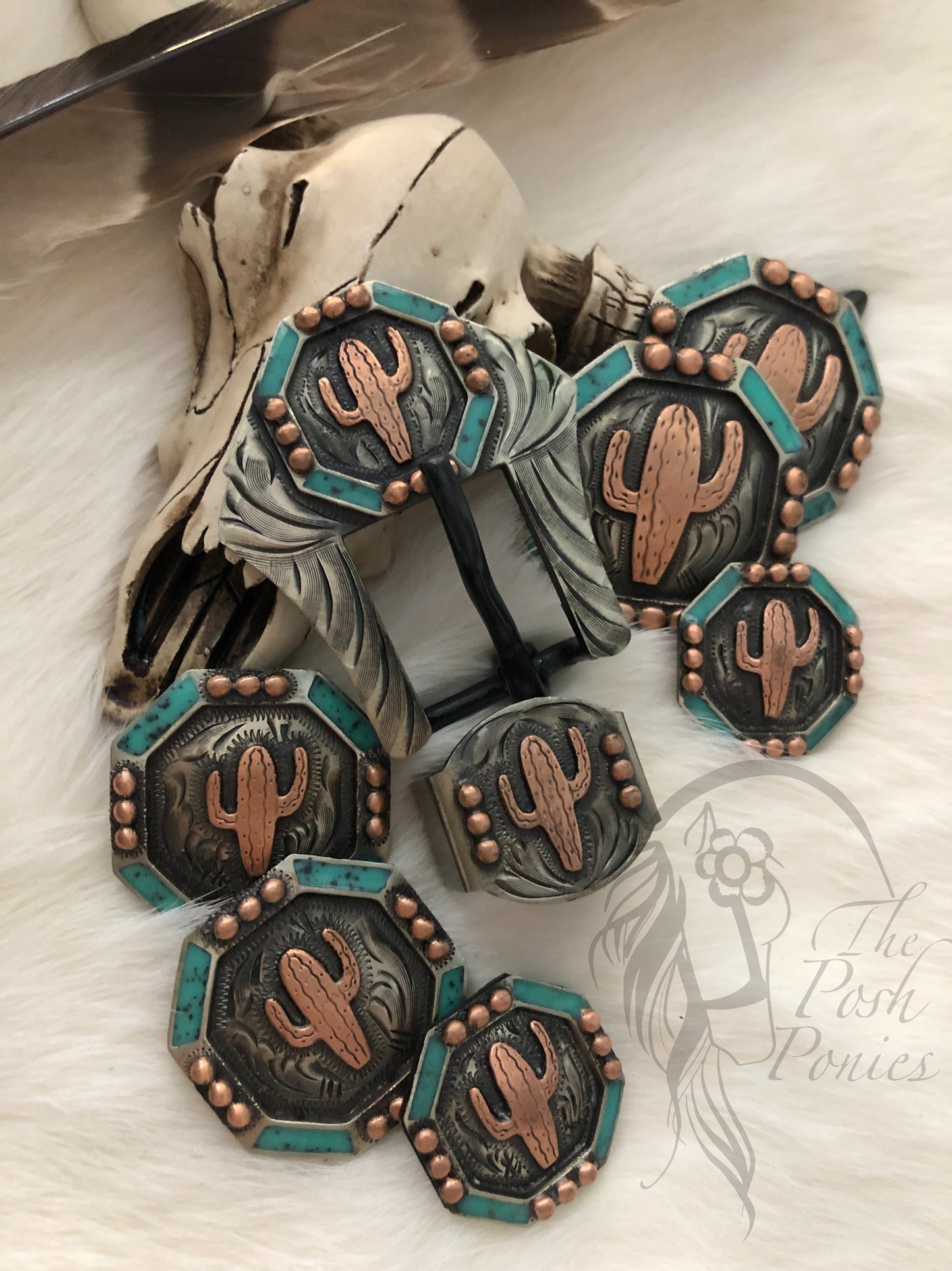 Handmade Copper Cactus Collection-Chicago Back-3/4" Tack Buckle/Keeper Set (1 set) each concho and buckle/keeper set sold separately