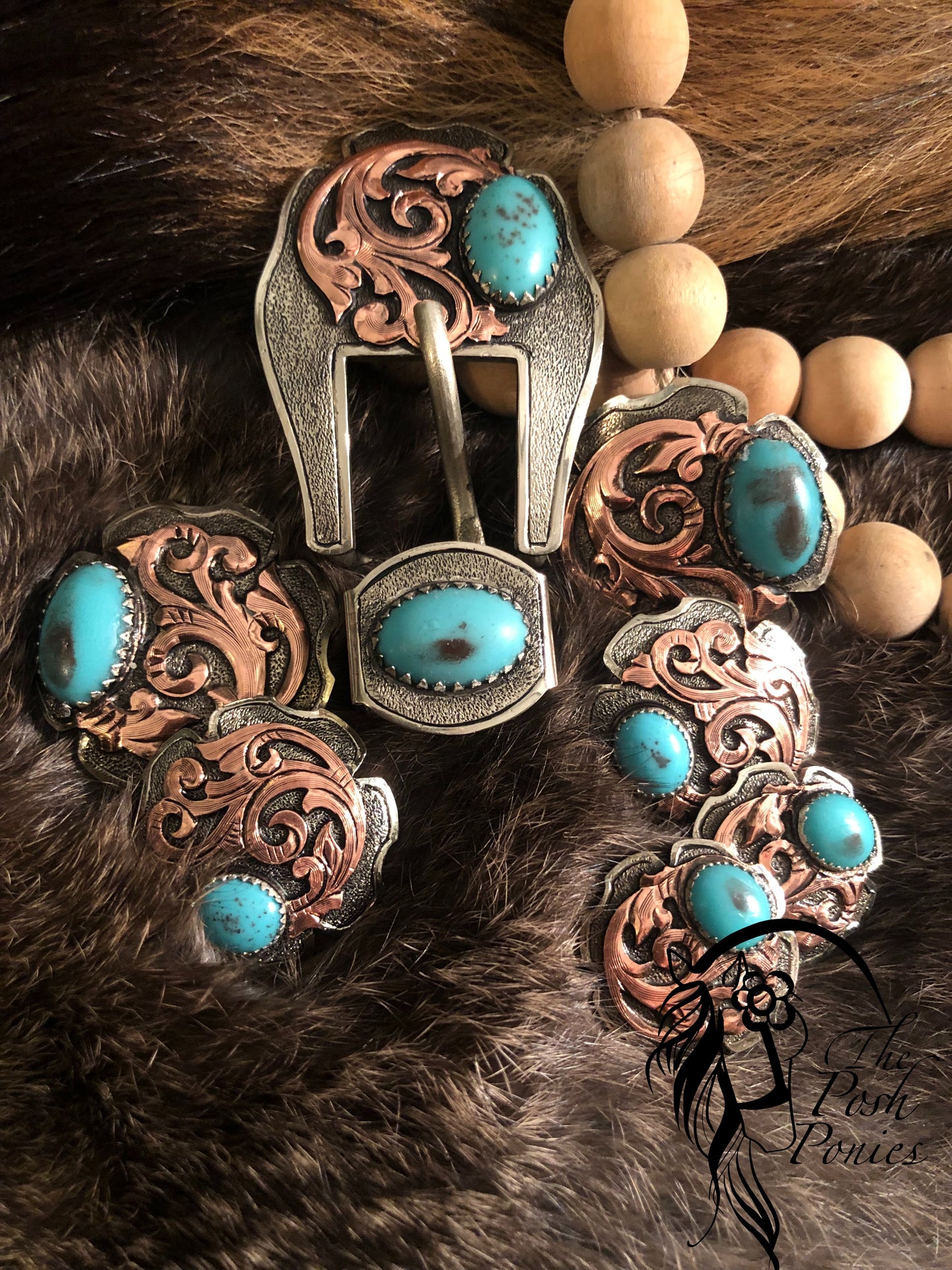 Handmade Copper Filagree with Large Turquoise Collection Chicago Back Conchos 1", 1.25" & 1.5", and Buckle/keeper-each sold individually