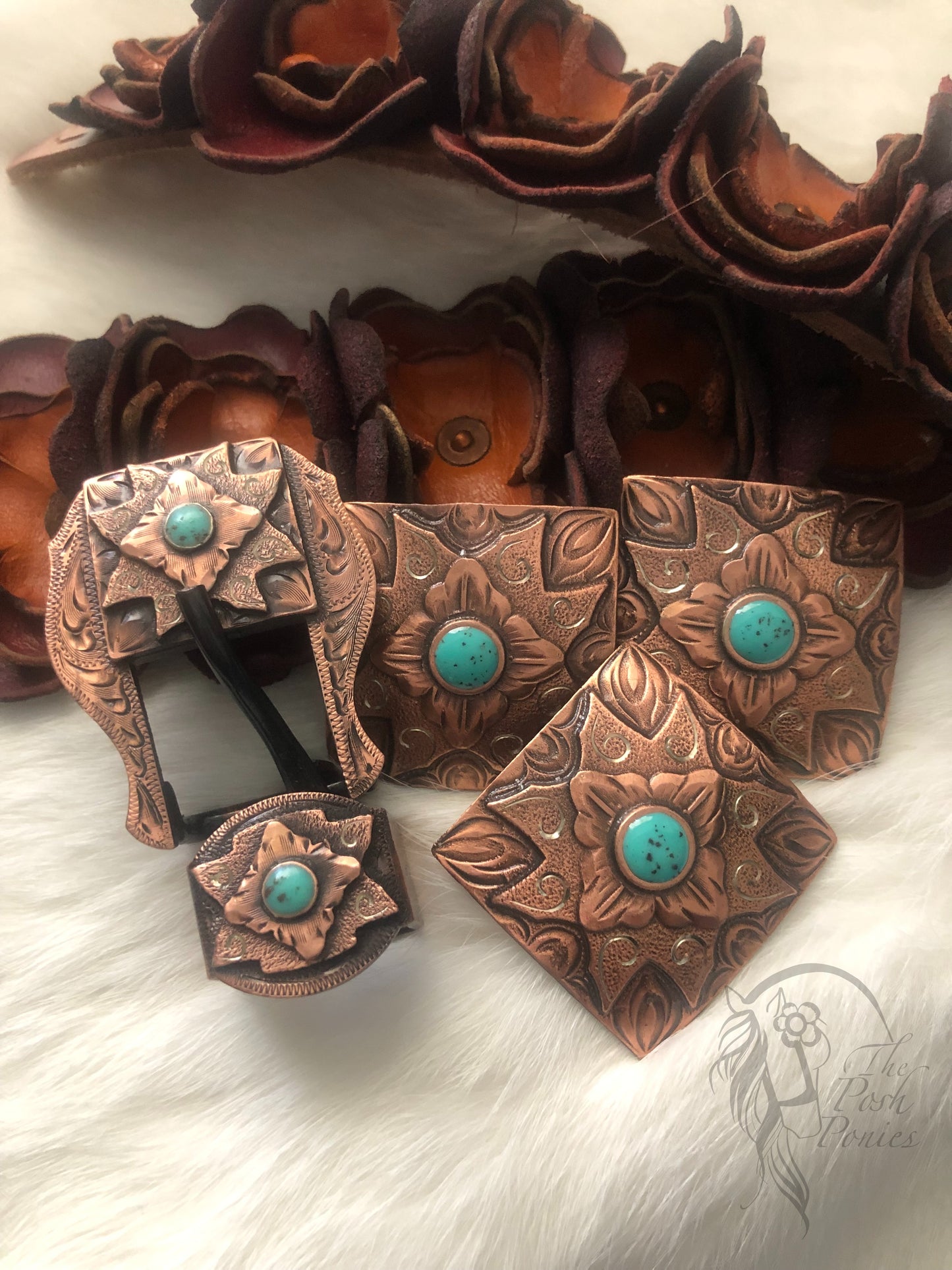 Handmade Navajo Copper Turquoise Square Conchos and matching Buckle/Keeper