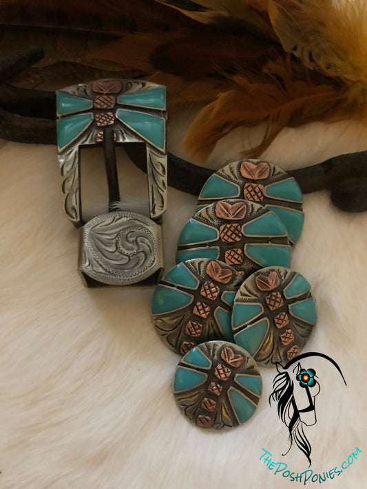 Handmade Turquoise Dragonfly Collection-Chicago Back Conchos-3/4" Buckle/Keeper-each sold separately-shown as collection