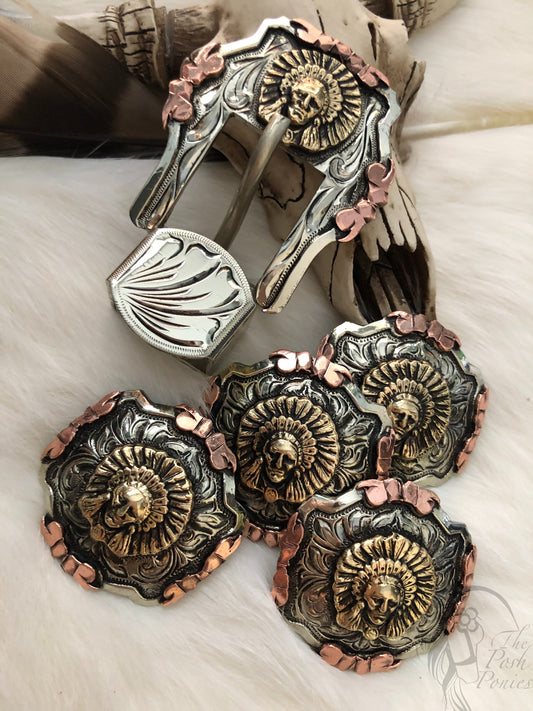 Handmade Lustre Finish Indian Head Collection Chicago Back Concho-Buckle/Keeper-each sold separately