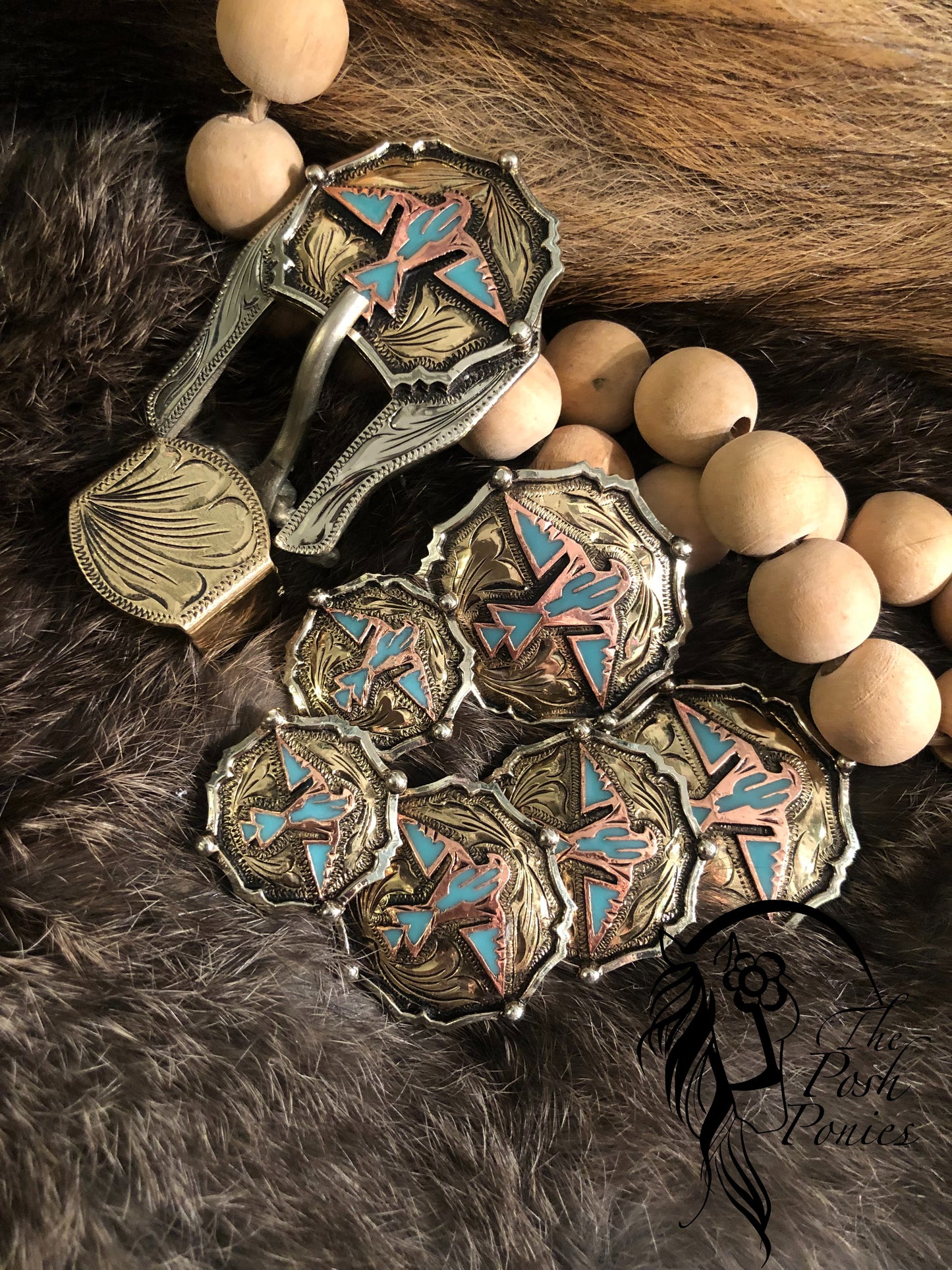 Handmade Turquoise TBirds in Luster Metal Finish Collection Chicago Back Conchos and Matching Buckle/Keeper Set-each piece sold individually