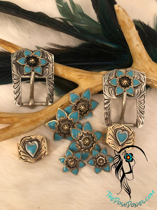 Handmade Turquoise Dainty Heart Collection-Chicago Back Conchos & 3/4" Buckle/Keeper-each piece sold separately