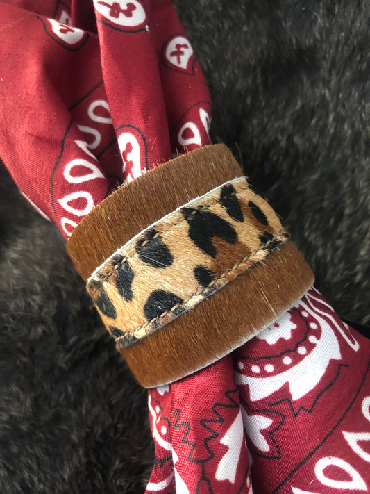 2" Hair on hide cuff with cheetah center band, leather string/bead adjuster