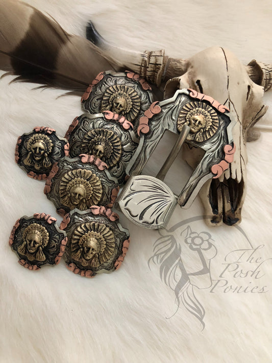 Handmade Satin Finish Indian Head Collection-Chicago back conchos-buckle/keeper-each sold separately