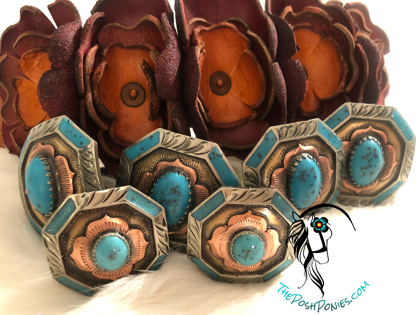 Handmade Large Center Turquoise Four Petals Saddle Concho Set