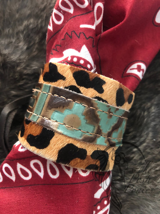 2" Hair on Hide cheetah with turquoise leather band, leather string/bead fastener