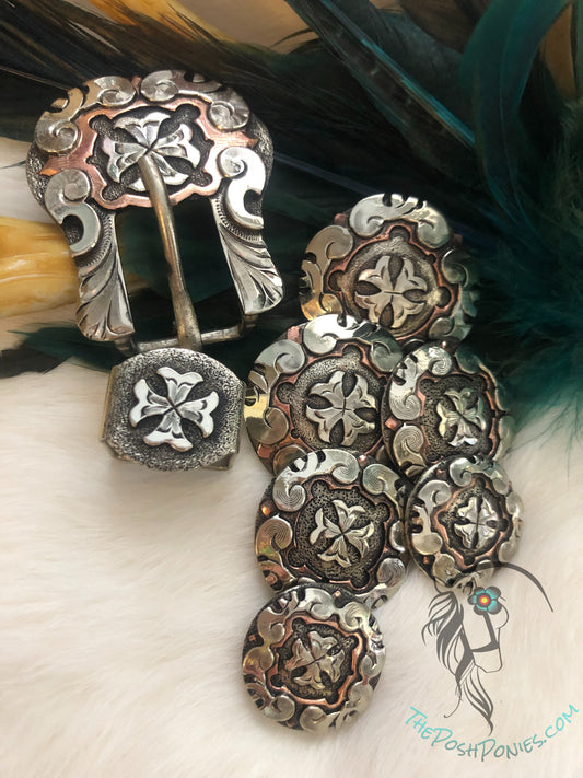 Handmade Scroll Cross Shiny/Lustre Finish Collection-Chicago Back concho, buckle/keeper, each piece sold separately