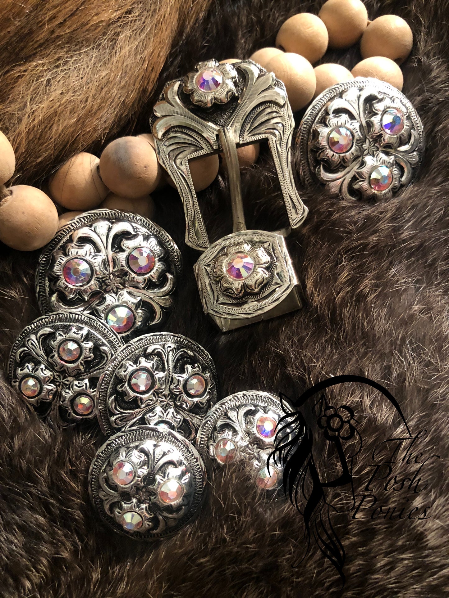 Handmade Nickel Filagree Design with AB Crystals Collection Chicago Back Conchos and Matching Buckle/Keeper-each piece sold individually