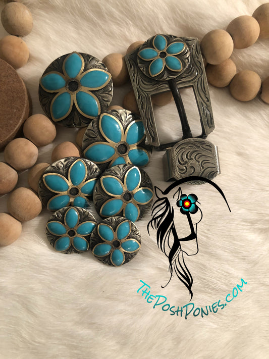 Handmade Turquoise Daisy Collection-Buckle w/keeper, 1.5", 1.25" and 1", each sold sepately
