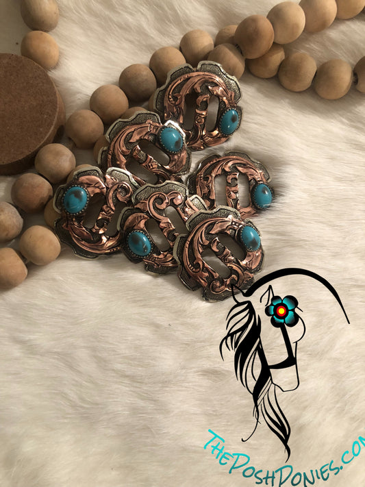 Handmade Slotted Copper Filagree Scroll with Turquoise Stone Collection-Each concho sold separately