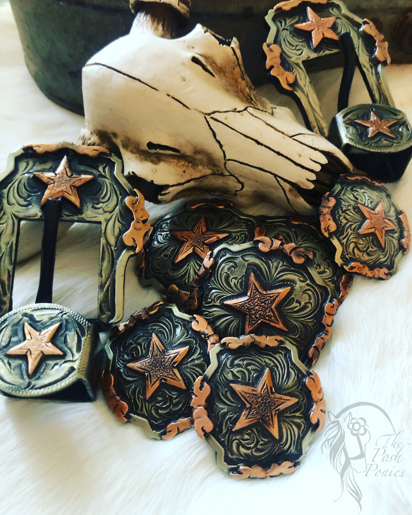 Handmade Rustic Star Chicago Back Conchos and Matching Buckle/Keeper Set-each piece sold individually