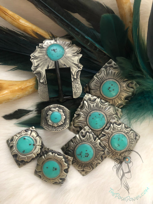 Handmade Square Flower with Large Turquoise Center Stone Collection, Chicago Back 1", 1.25" and 1.5" and Buckle/Keeper set, each piece sold separately
