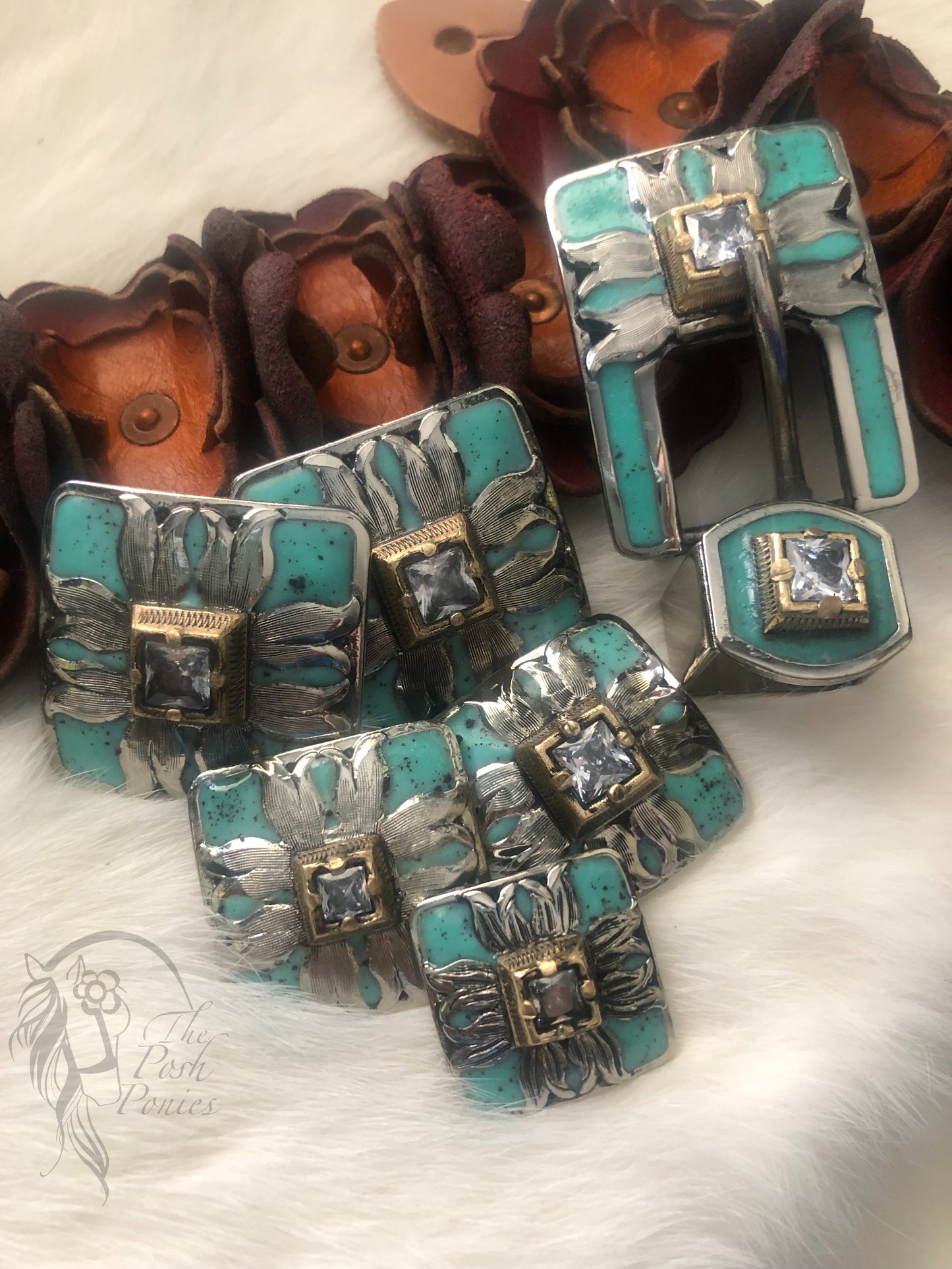 Handmade Square Turquoise with Clear Center Stone Collection, 1", 1.25" & 1.5", Buckle/Keeper-each piece sold individually
