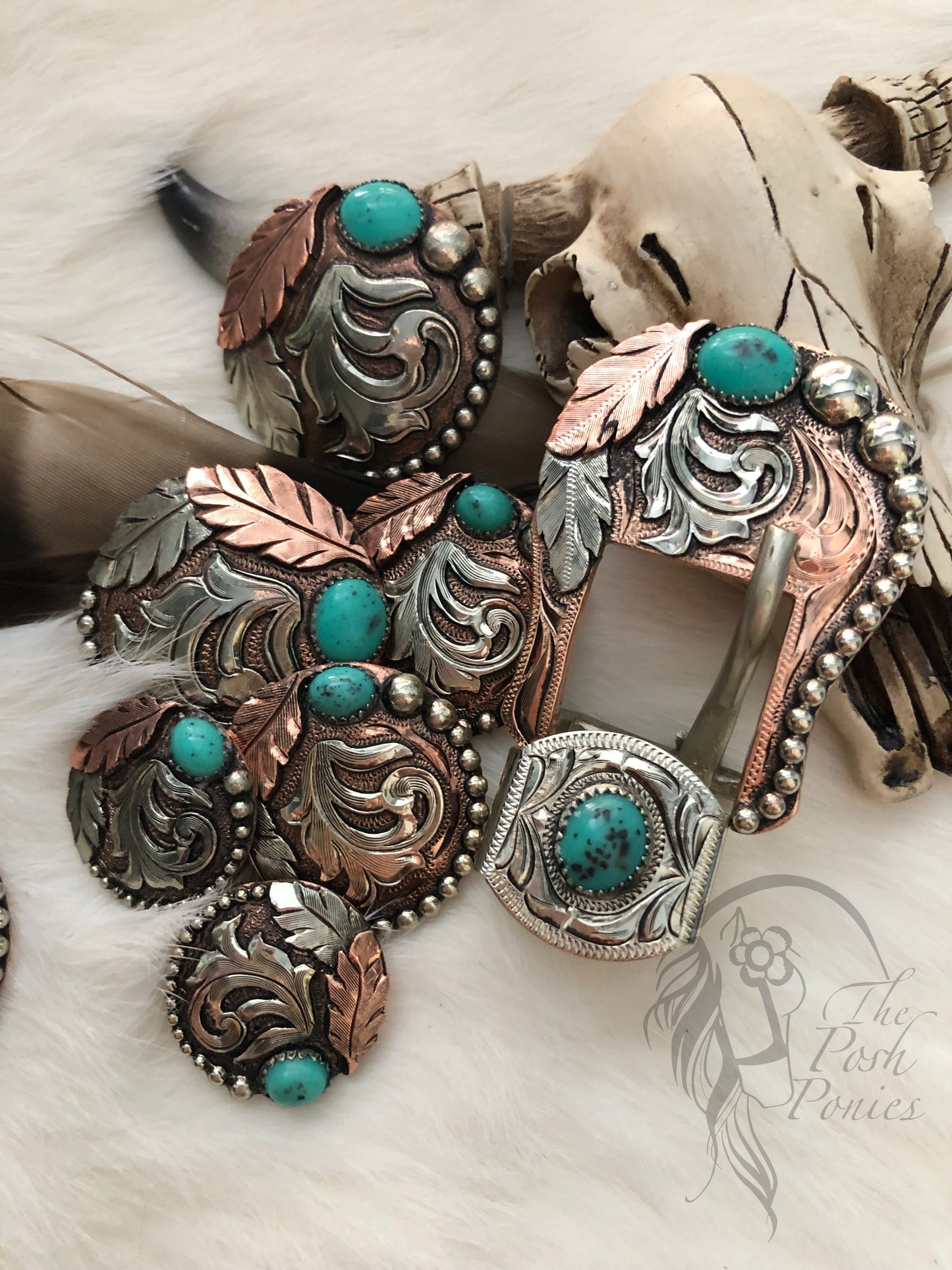 Handmade Feather Turquoise Swirl Collection-3 size Chicago Back Concho & 3/4" Tack Buckle/Keeper-each piece sold separately