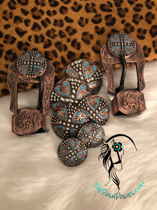 Handmade Turquoise Heart Collection Chicago Back Conchos and Matching 3/4" Buckle/Keeper-each sold separately