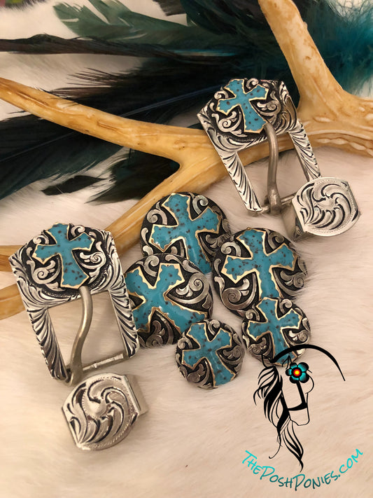Handmade Artisan Scroll Turquoise Cross Collection-Chicago Back Conchos and Buckle/keeper all sold separately