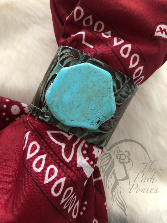 Cuff Soft leather turquoise/brown pattern with turquoise slab center stone with leather string fastener