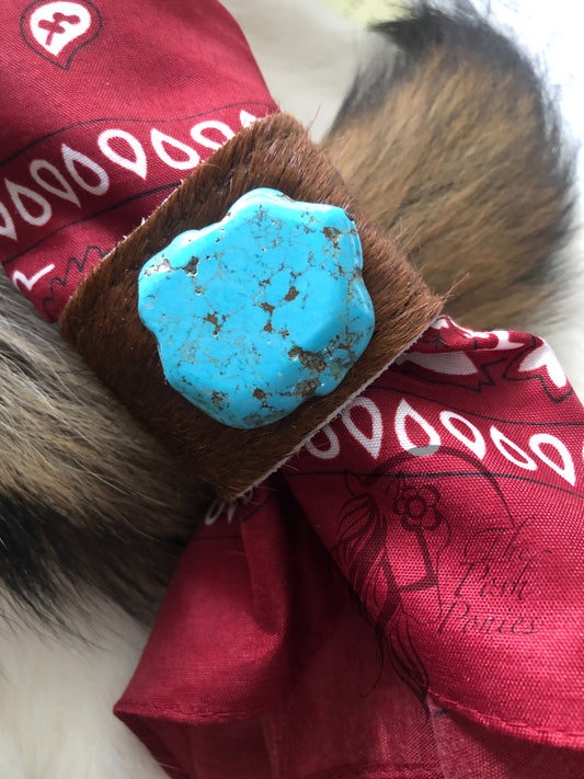 Cuff Soft hair on hide dark brown with turquoise slab stone and pull string tightener