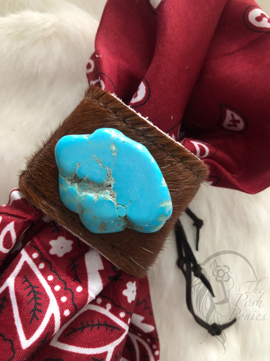 Cuff darker brown hair on hide cuff with center turquoise slab stone