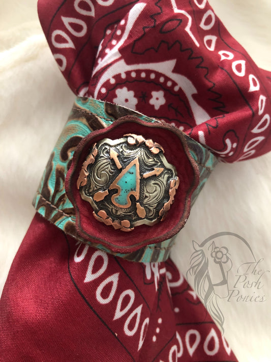 Cuff soft leather turquoise/brown embossed pattern arrowhead concho