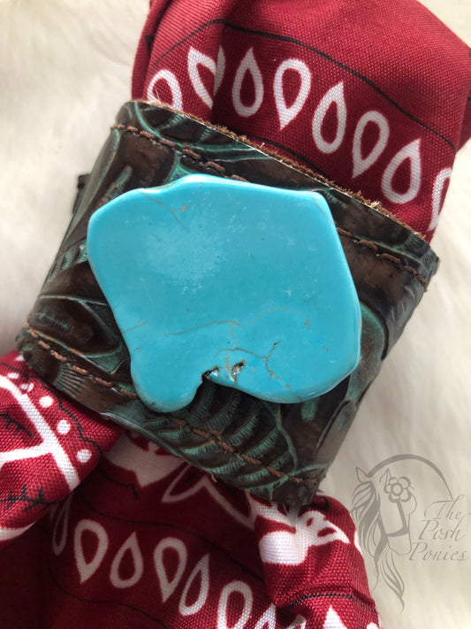 Cuff soft turquoise/brown leather embossed pattern with turquoise slab center stone