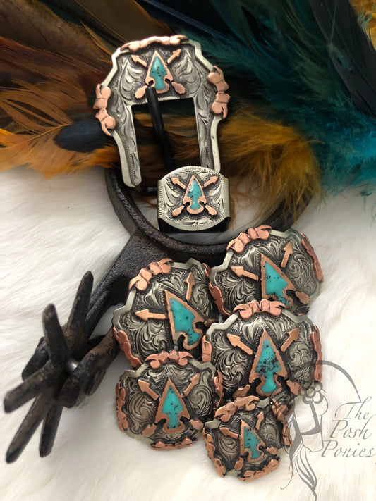 Handmade Turquoise Arrowhead concho in 3 sizes and buckles/keeper-each piece sold individually