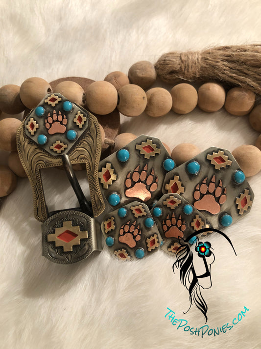 Handmade Bear Paw Collection-Chicago Back Conchos 1", 1.25" & 1.5", & 3/4" Tack Buckles/Keeper Set-each piece sold separately-buckle w/keeper