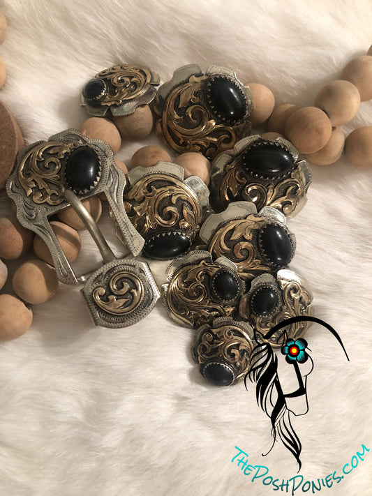 Handmade Brass Filagree With Black Onyx Collection-1.5", 1.25", 1" and Buckle/Keeper set-each sold separately