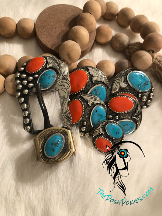 Handmade Chunky Turquoise Brushed Nickel Spots Collection Conchos & 3/4" Tack Buckle/Keeper (each sold separate-pic shows collection)