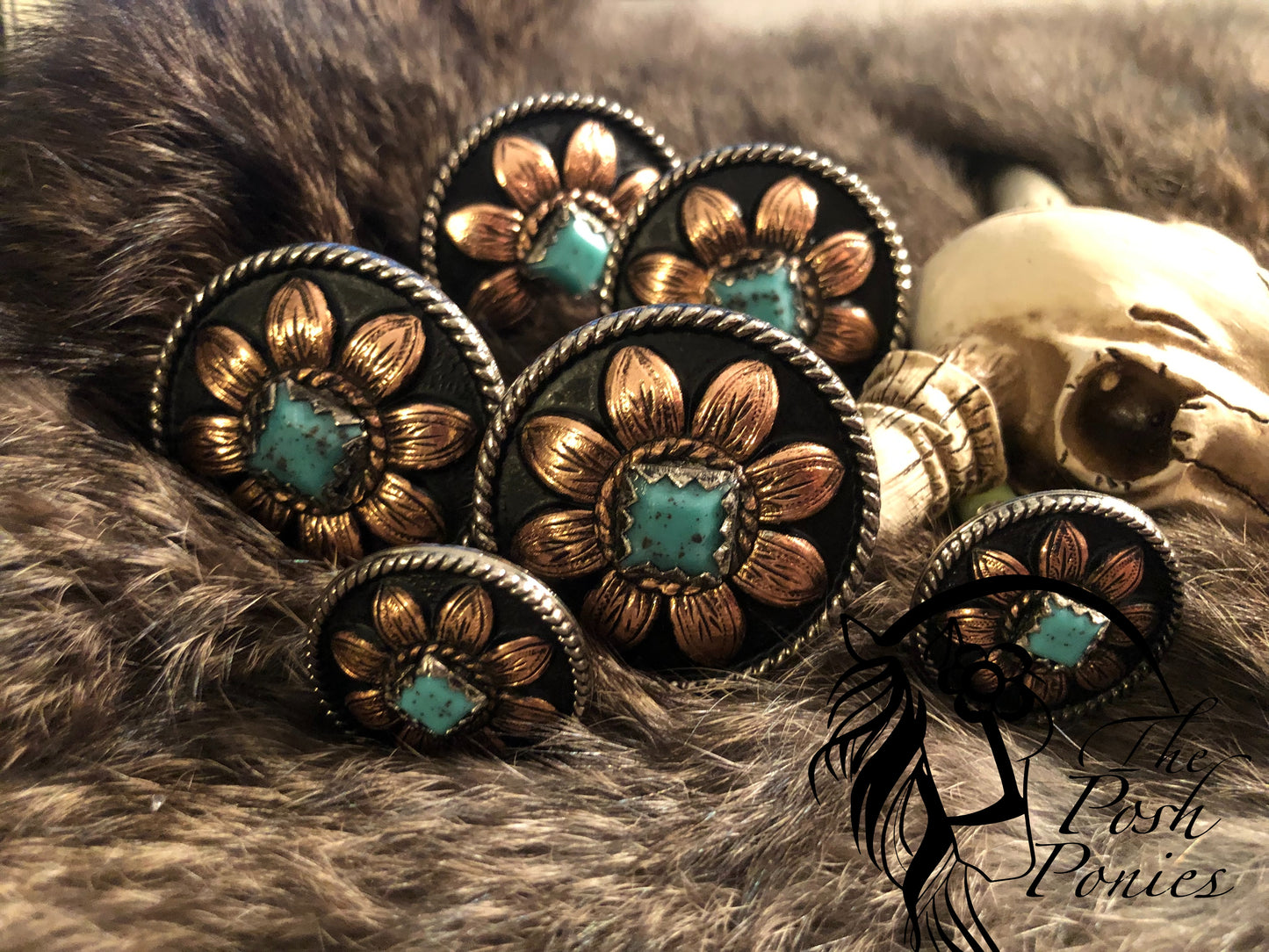 Handmade Copper Daisy w/Turquoise Center stone saddle concho set