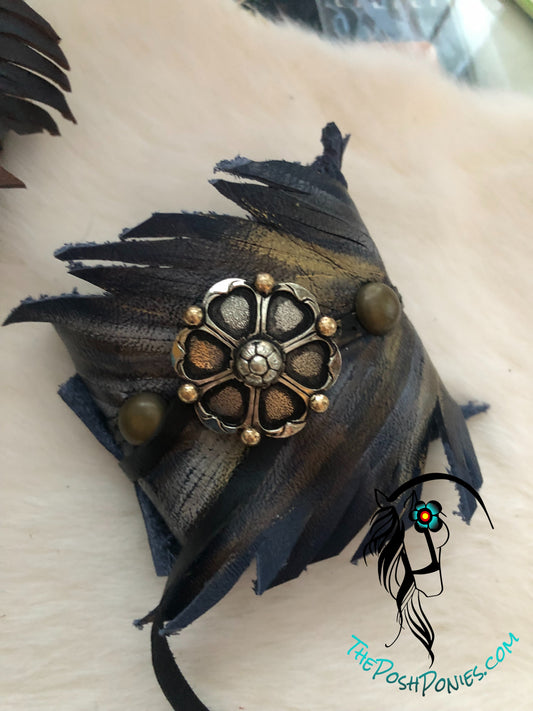 Leather Feather Wrap Cuff Metallics with Handmade Fancy Pinwheel Concho