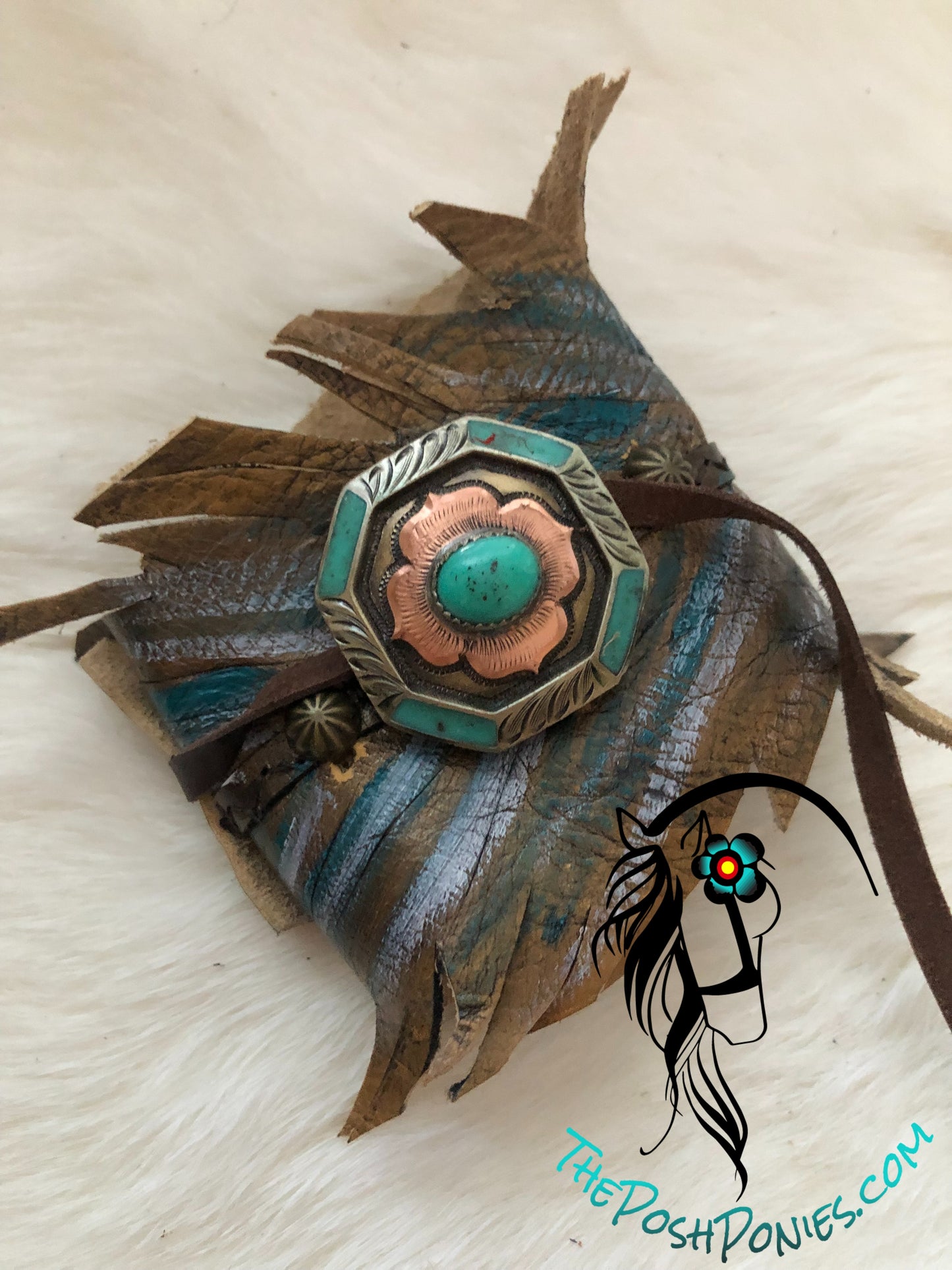 Leather Feather Wrap Cuff Metallics Handmade Copper Floral Concho