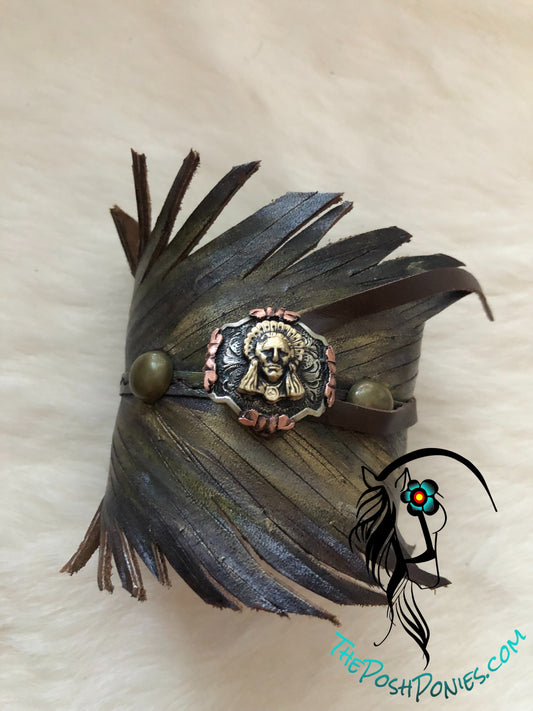 Leather Feather Wrap Cuff Metalics with Handmade Chief Headress Concho