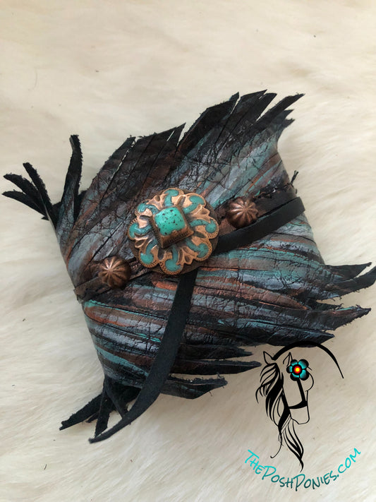 Leather Feather Wrap Cuff Turquoise/Coppers with Antique Turquoise Concho