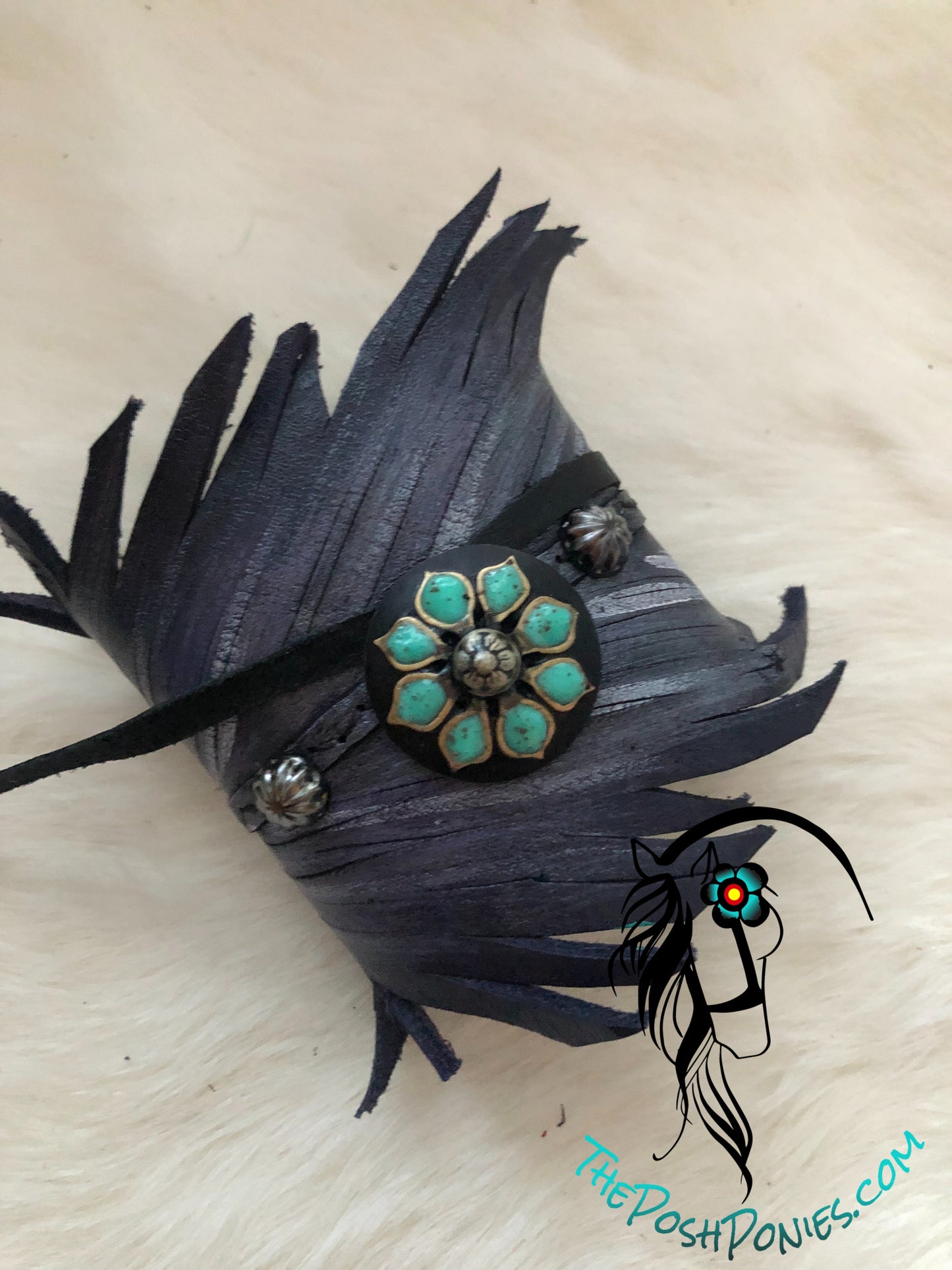 Leather Feather Wrap Cuff Purple Turquoise with Turquoise Sunflower Concho